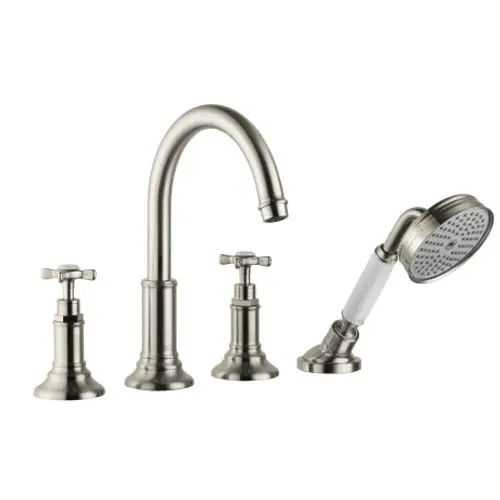 AXOR Montreux 4-Loch Fliesenrandarmatur mit Kreuzgriffen in gebürstetem Nickel. Enthält einen hohen Wasserhahn und einen Handbrause-Mischer.